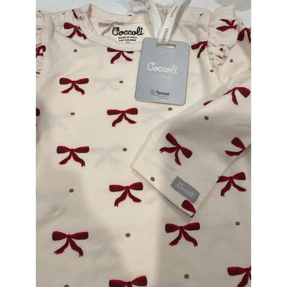 Coccoli Baby Girl Red Bow Ruffle Long Sleeve Bodysuit Cream 9M NWT